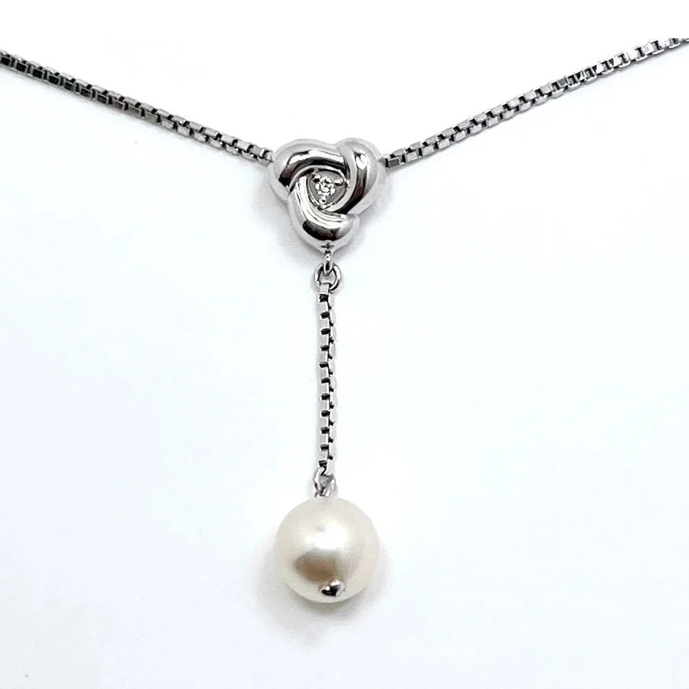 Tasaki Noevir Akoya Pearl & Diamond Lariat Pendant Necklace*Silver *15-16